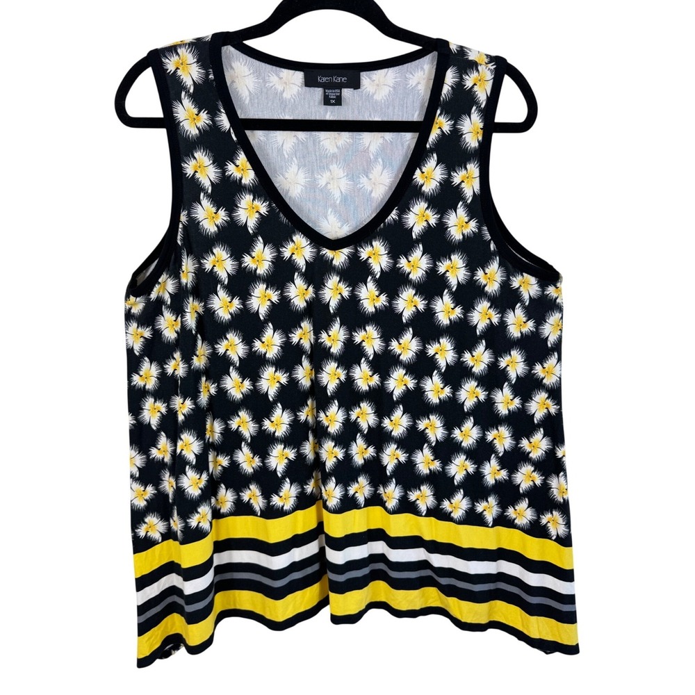 Karen Kane Womens 1X Floral Striped V-Neck Sleeveless Tank Top Black Yellow USA